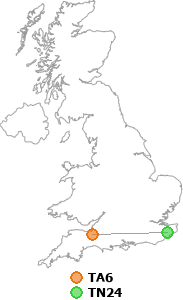 map showing distance between TA6 and TN24