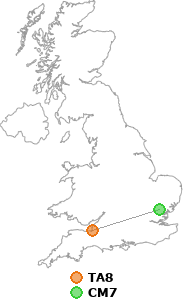 map showing distance between TA8 and CM7