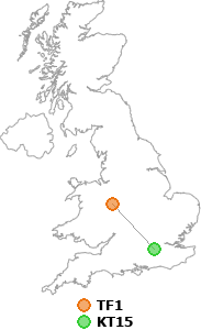 map showing distance between TF1 and KT15