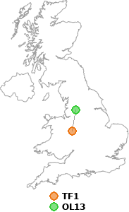 map showing distance between TF1 and OL13