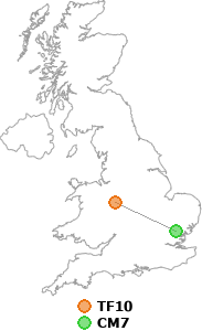 map showing distance between TF10 and CM7