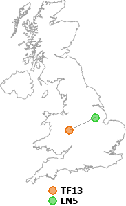 map showing distance between TF13 and LN5