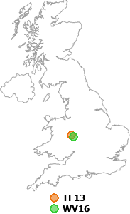 map showing distance between TF13 and WV16