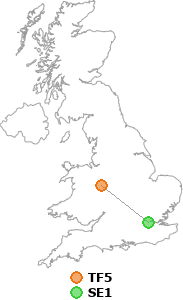 map showing distance between TF5 and SE1