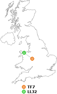 map showing distance between TF7 and LL32