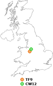 map showing distance between TF9 and CW12