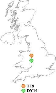 map showing distance between TF9 and DY14