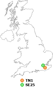 map showing distance between TN1 and SE25