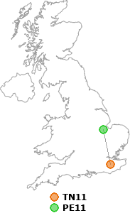 map showing distance between TN11 and PE11