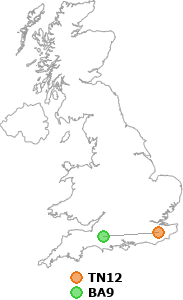 map showing distance between TN12 and BA9