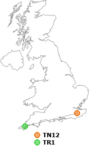 map showing distance between TN12 and TR1