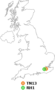 map showing distance between TN13 and RH1