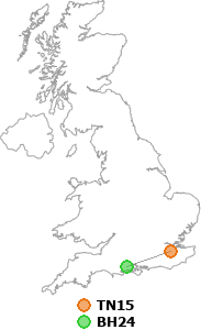 map showing distance between TN15 and BH24