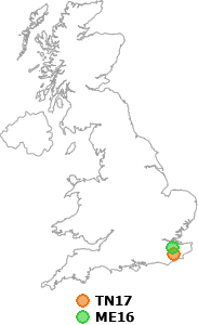 map showing distance between TN17 and ME16