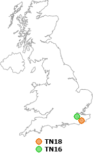 map showing distance between TN18 and TN16