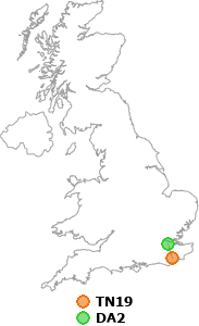 map showing distance between TN19 and DA2