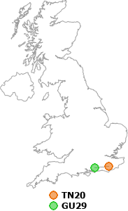 map showing distance between TN20 and GU29