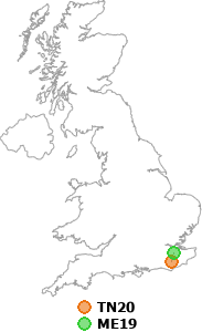 map showing distance between TN20 and ME19