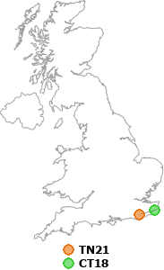 map showing distance between TN21 and CT18