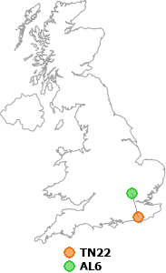 map showing distance between TN22 and AL6