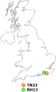 map showing distance between TN22 and RH13