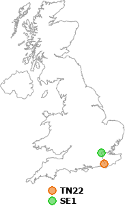 map showing distance between TN22 and SE1