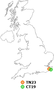 map showing distance between TN23 and CT19