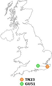 map showing distance between TN23 and GU51
