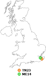 map showing distance between TN23 and ME14