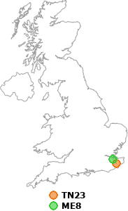 map showing distance between TN23 and ME8
