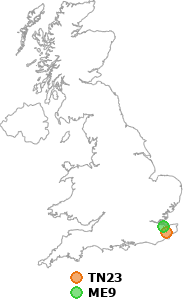 map showing distance between TN23 and ME9