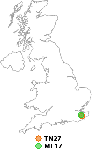 map showing distance between TN27 and ME17