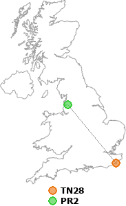 map showing distance between TN28 and PR2