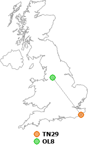 map showing distance between TN29 and OL8