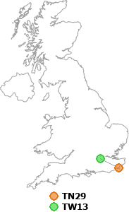 map showing distance between TN29 and TW13