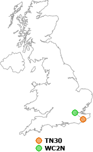 map showing distance between TN30 and WC2N