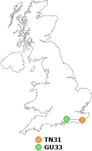 map showing distance between TN31 and GU33