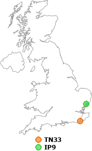 map showing distance between TN33 and IP9