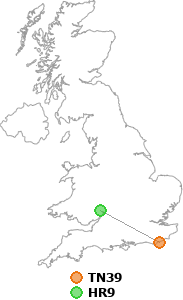 map showing distance between TN39 and HR9