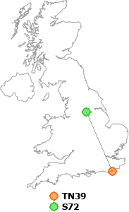map showing distance between TN39 and S72