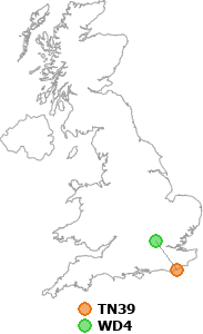 map showing distance between TN39 and WD4