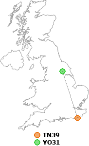 map showing distance between TN39 and YO31