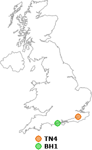 map showing distance between TN4 and BH1