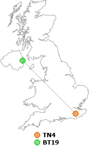 map showing distance between TN4 and BT19