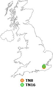 map showing distance between TN8 and TN16