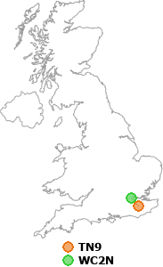 map showing distance between TN9 and WC2N