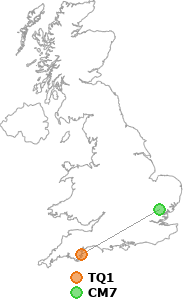map showing distance between TQ1 and CM7