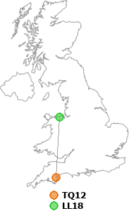 map showing distance between TQ12 and LL18