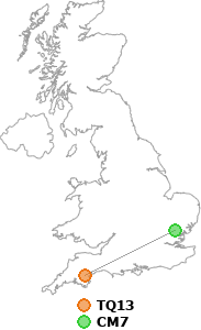 map showing distance between TQ13 and CM7