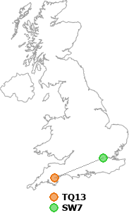 map showing distance between TQ13 and SW7